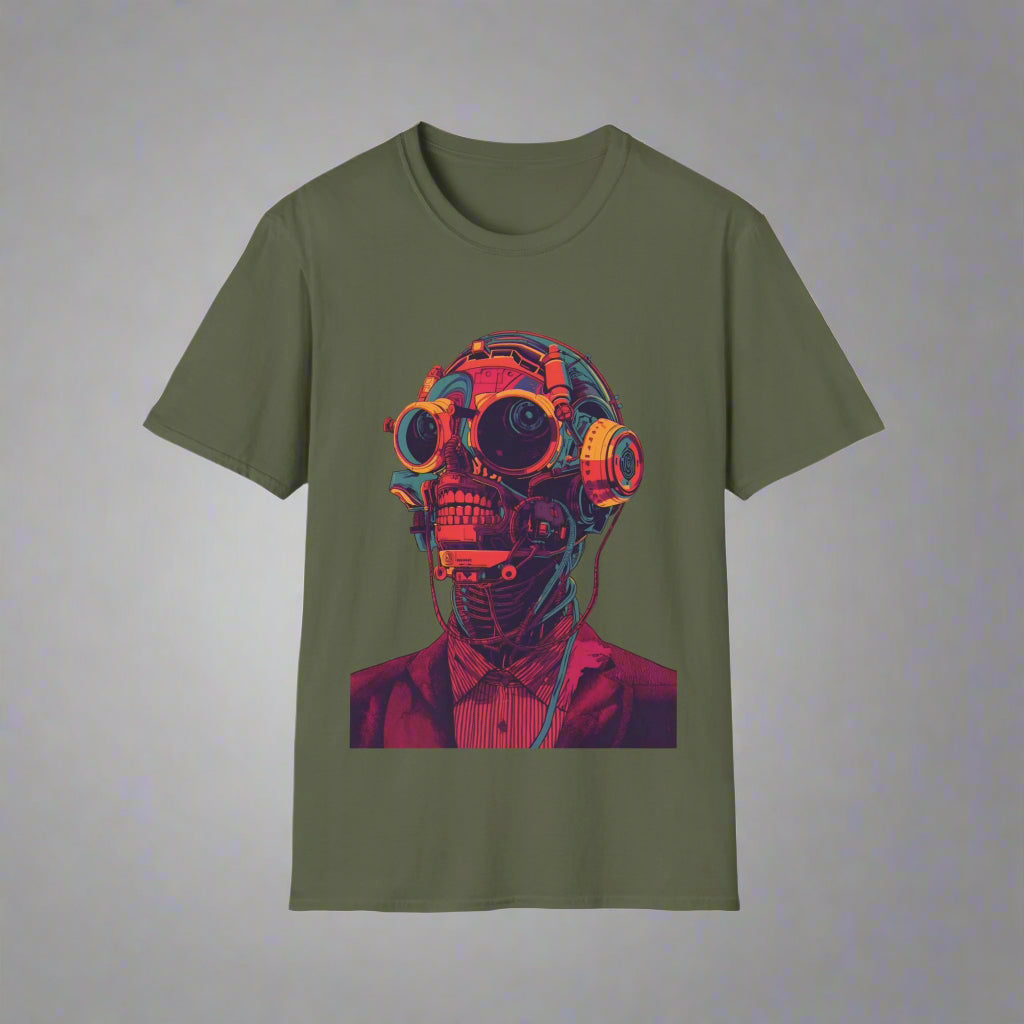 Green t-shirt with a graphic of a person wearing a futuristic helmet
