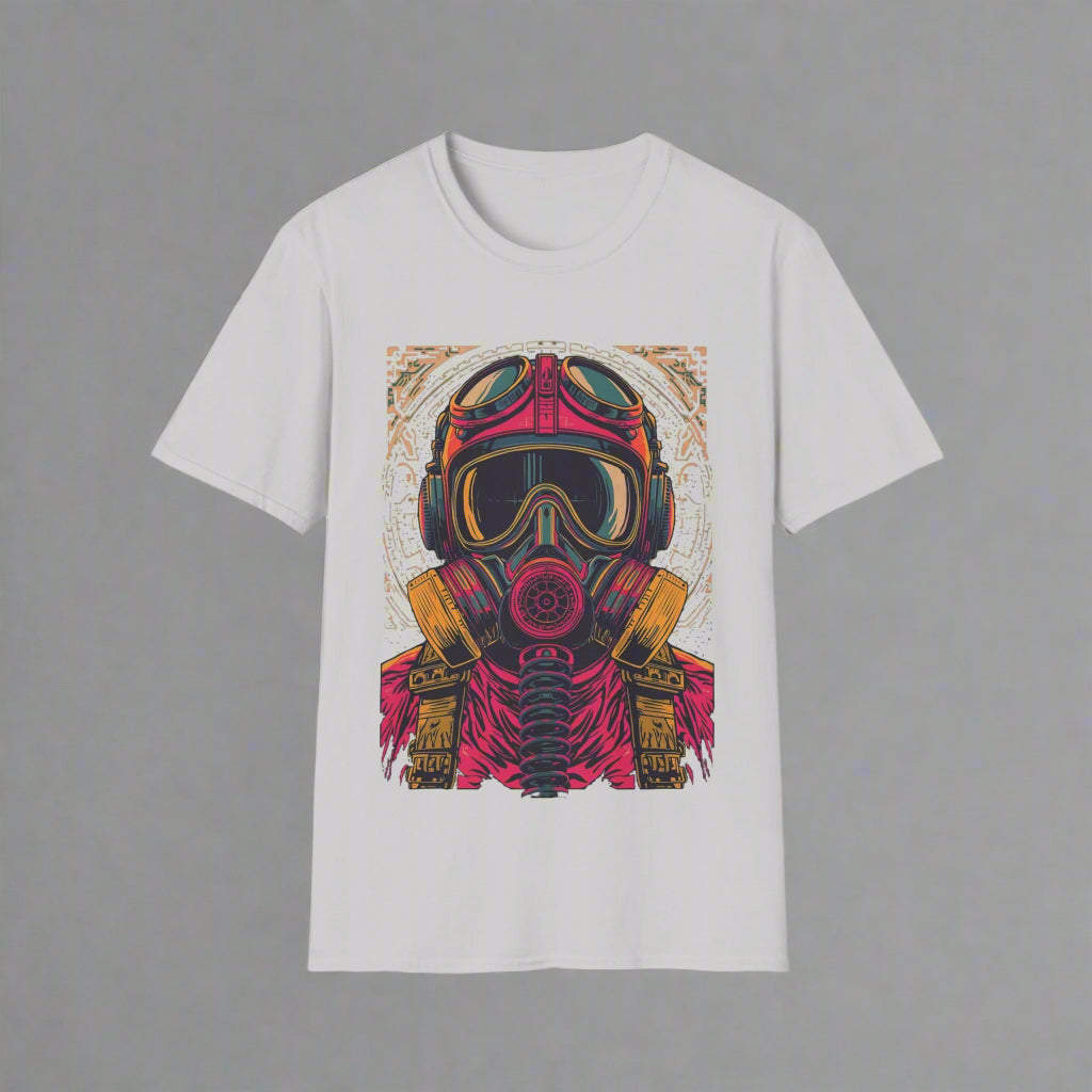 Gray t-shirt with a colorful graphic of a helmet and gas mask