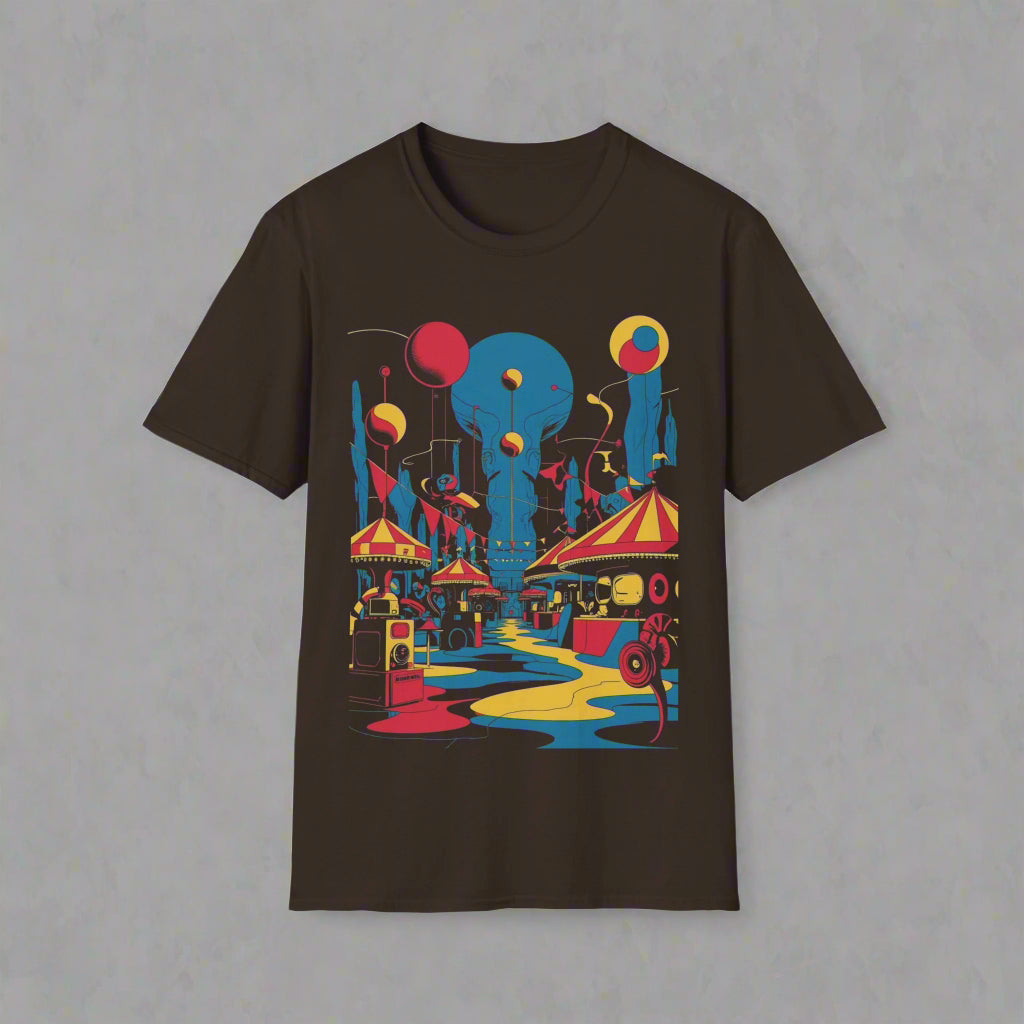 Black t-shirt with colorful graphic design