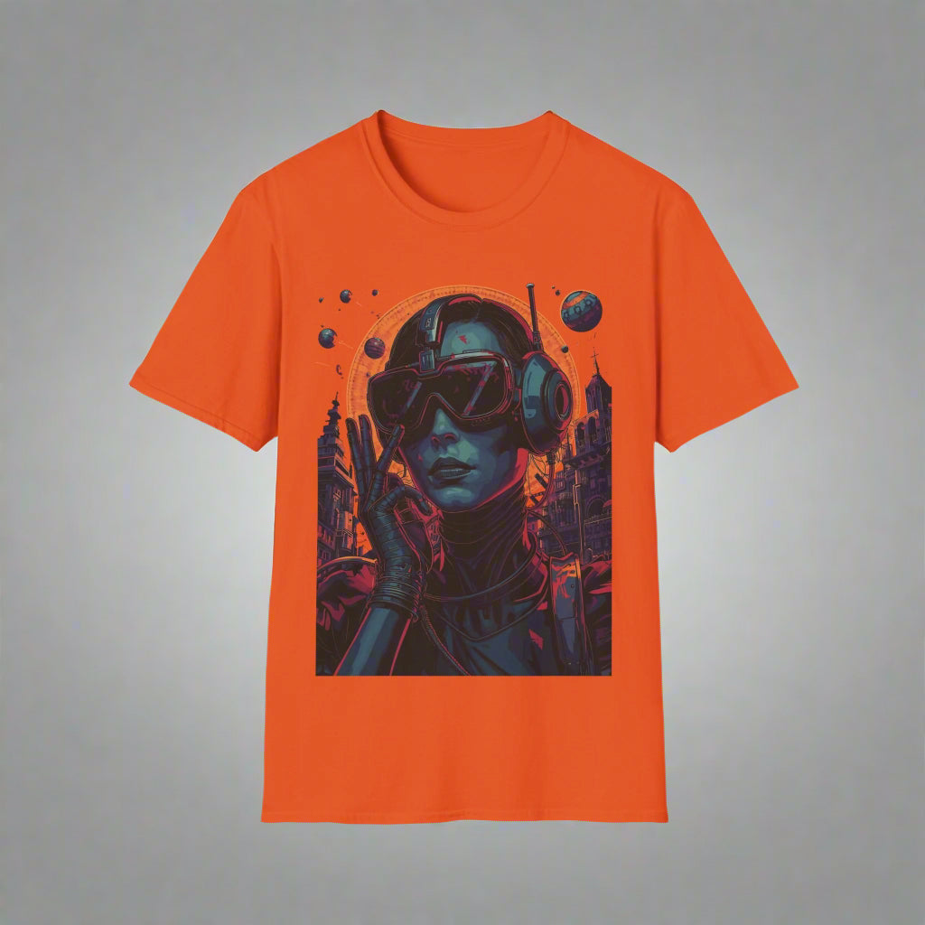 Orange t-shirt with a graphic design of a person wearing headphones and goggles