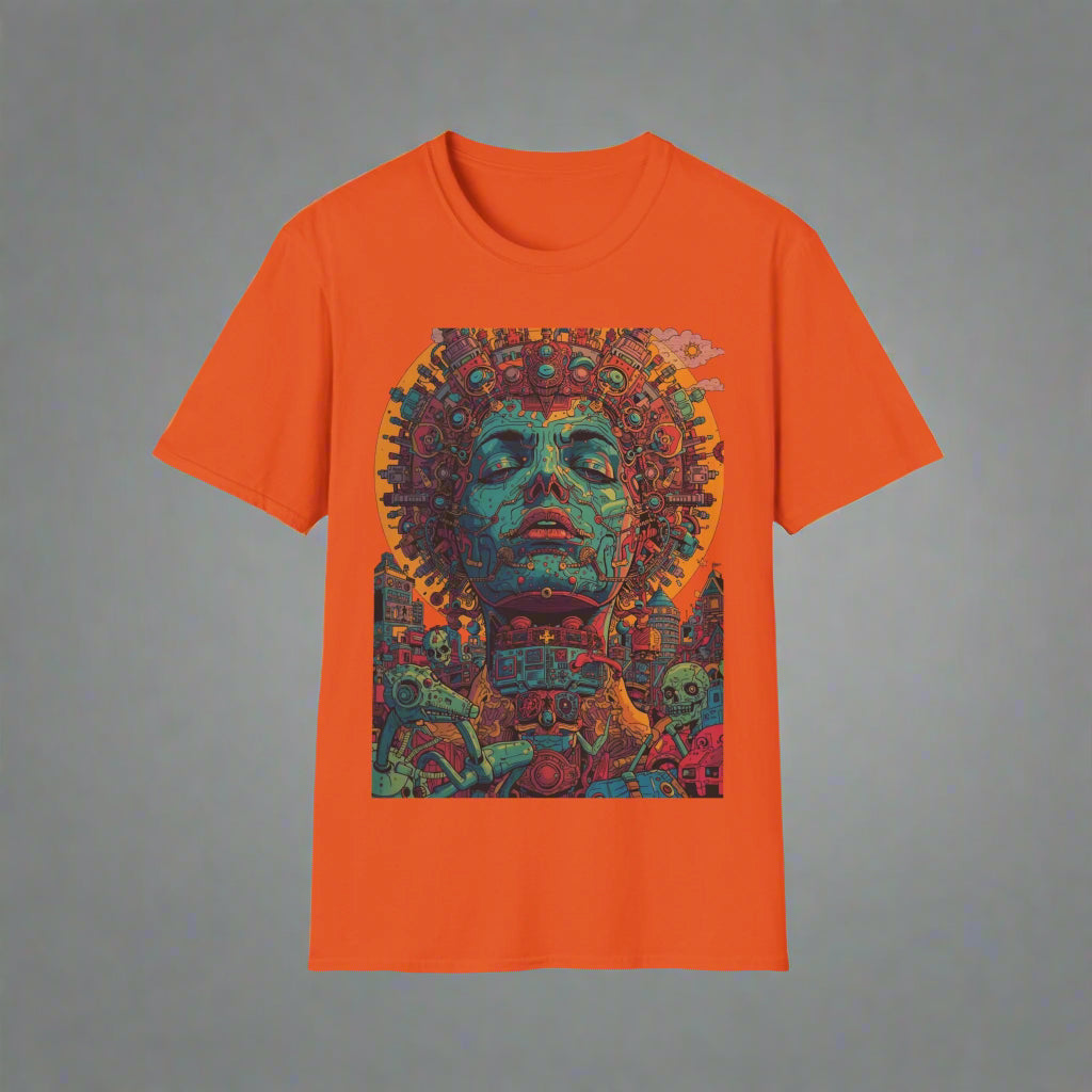 Orange t-shirt with a colorful graphic design