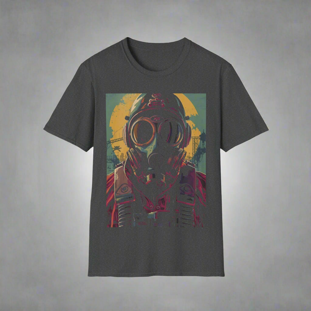 Dark gray t-shirt with a graphic of a person wearing a gas mask