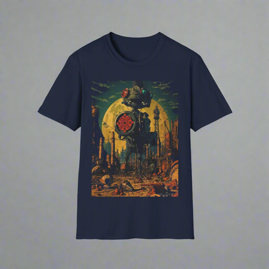 Navy blue t-shirt with a graphic design of a robot and sunset