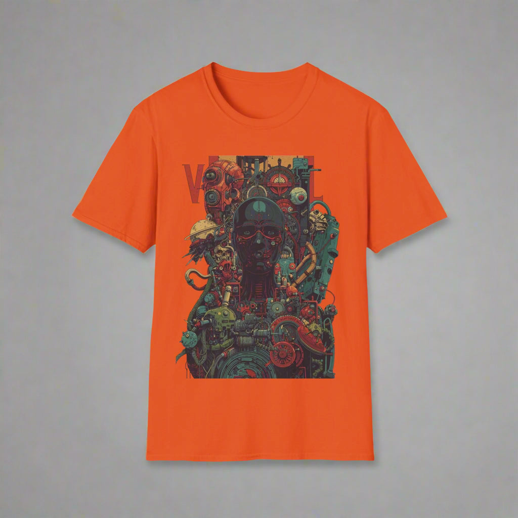 Orange t-shirt with a colorful graphic design