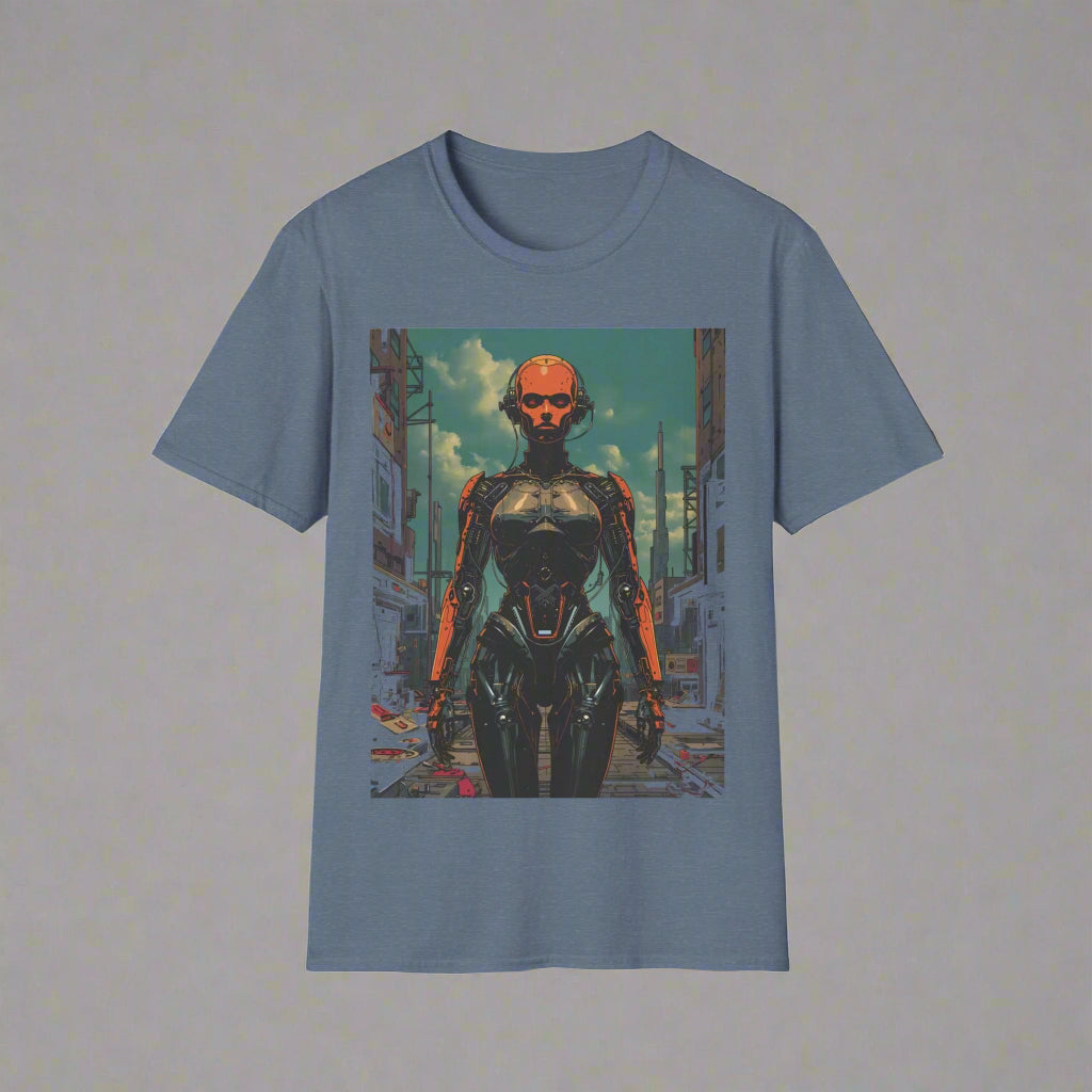Blue t-shirt with a robot graphic
