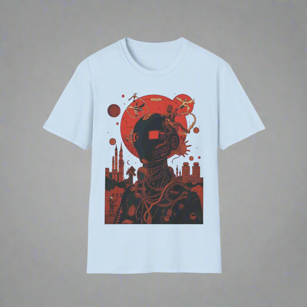 Light blue t-shirt with a red and black graphic design