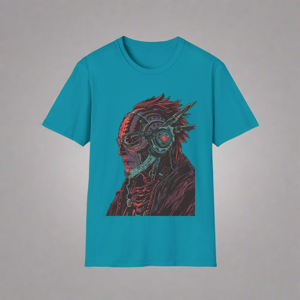 Teal t-shirt with a graphic design of a person wearing goggles