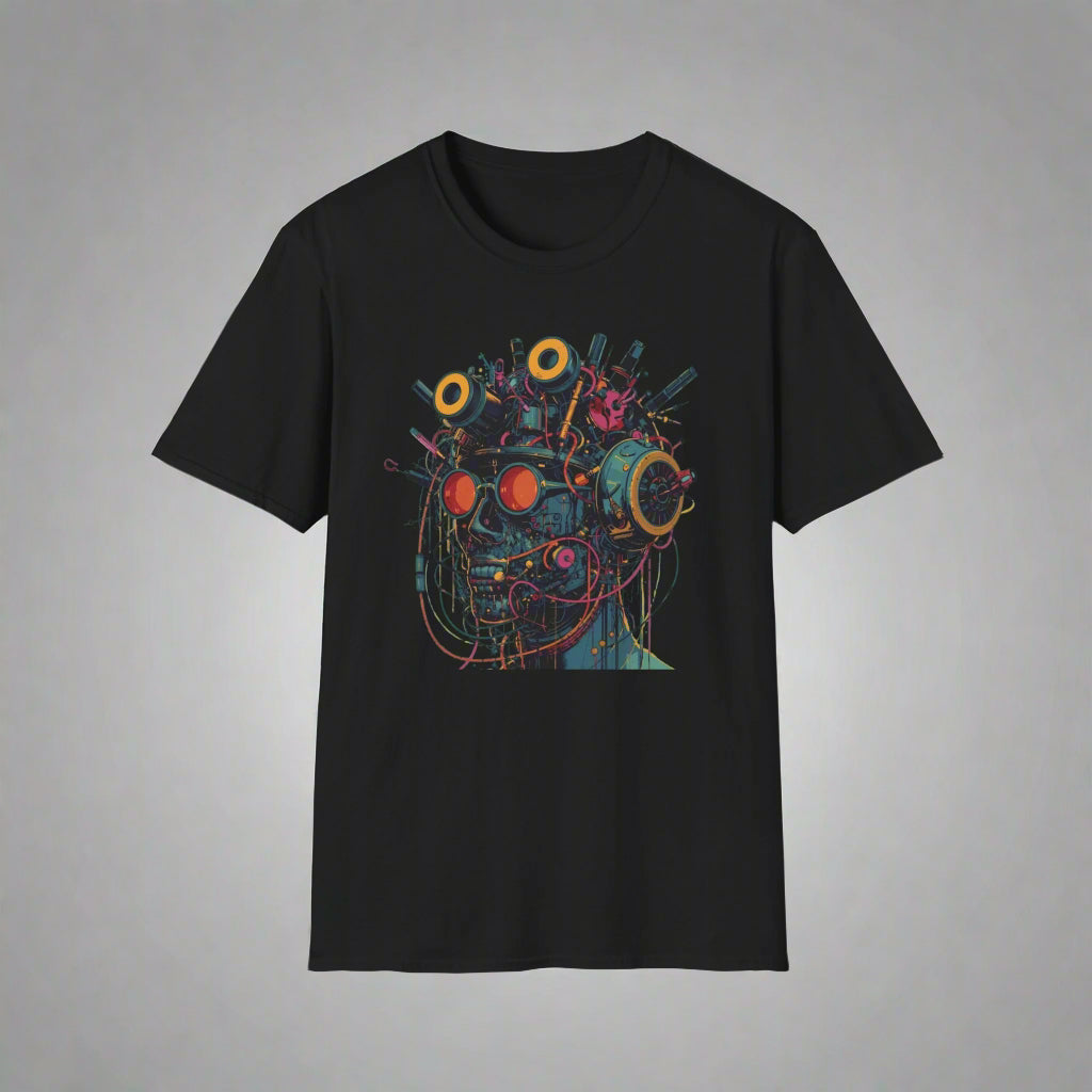 Black t-shirt with a colorful abstract design