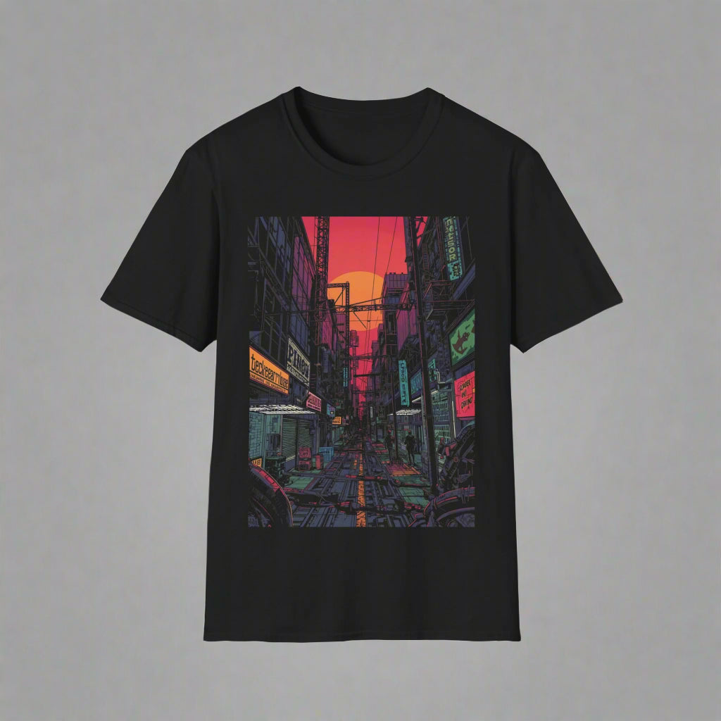 Black t-shirt with a colorful cityscape graphic on a gray background