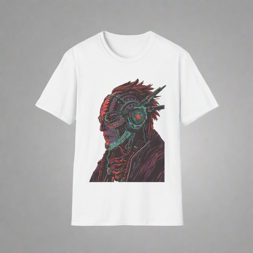 White t-shirt with a graphic design of a person with red hair and goggles