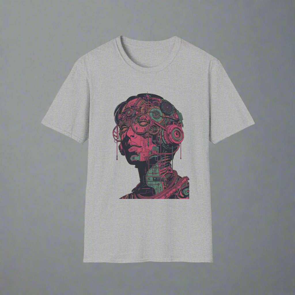 Gray t-shirt with a futuristic robot design