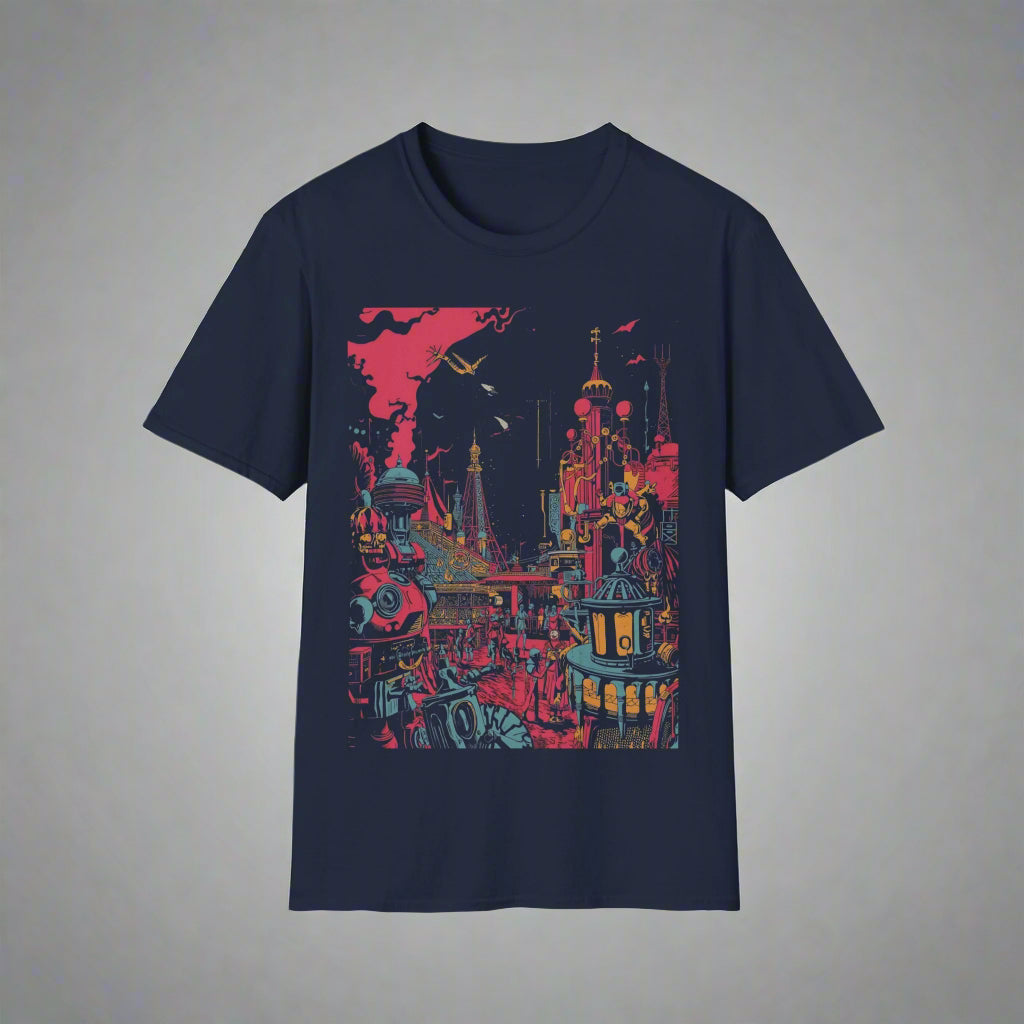 Navy blue t-shirt with colorful cityscape design