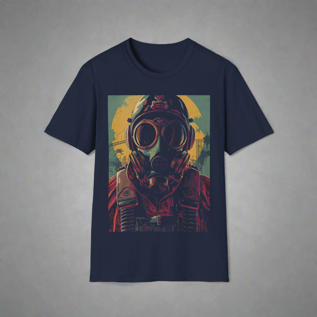 Navy blue t-shirt with a graphic of a person wearing a gas mask