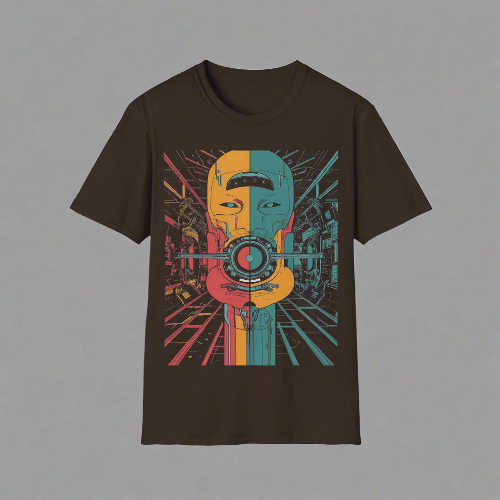 Black t-shirt with a colorful graphic design