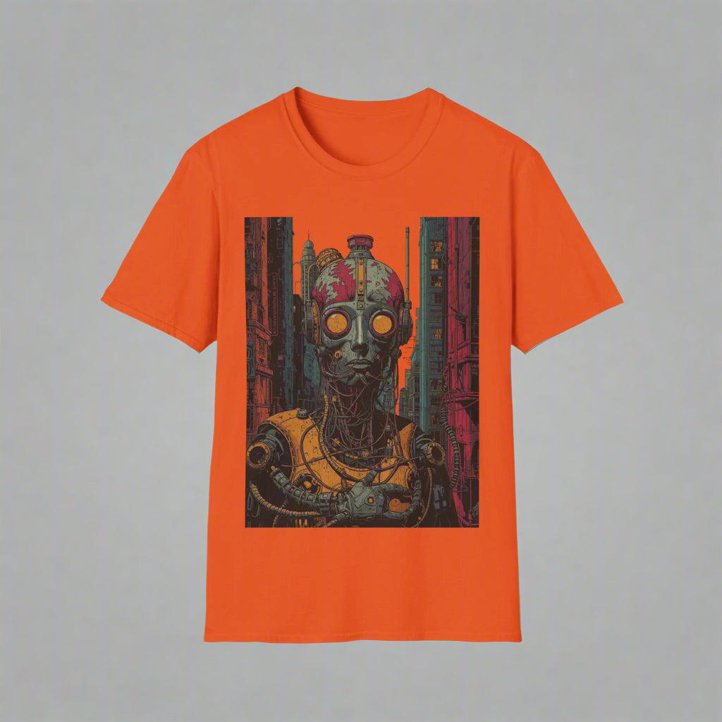 Orange t-shirt with a graphic of a robot in a forest design