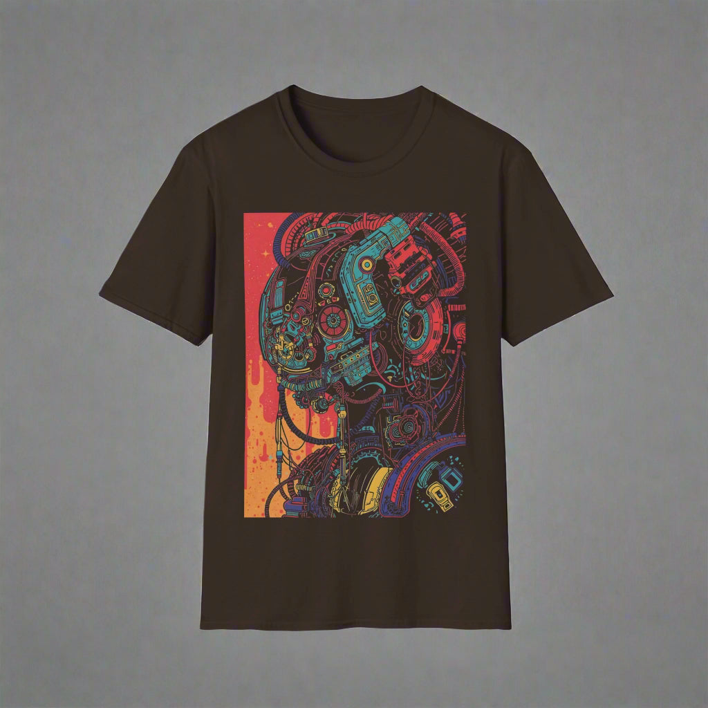 Black t-shirt with a colorful graphic design