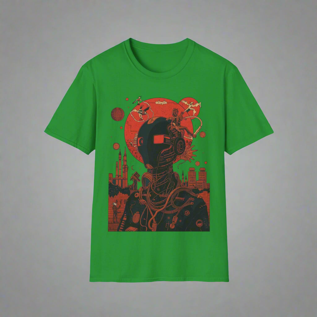 Green t-shirt with a red and black graphic design