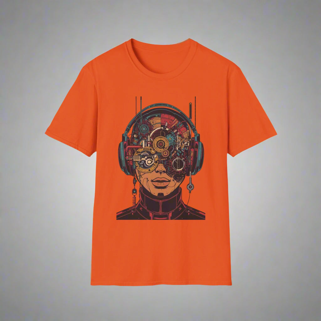 Orange t-shirt with a mechanical head design