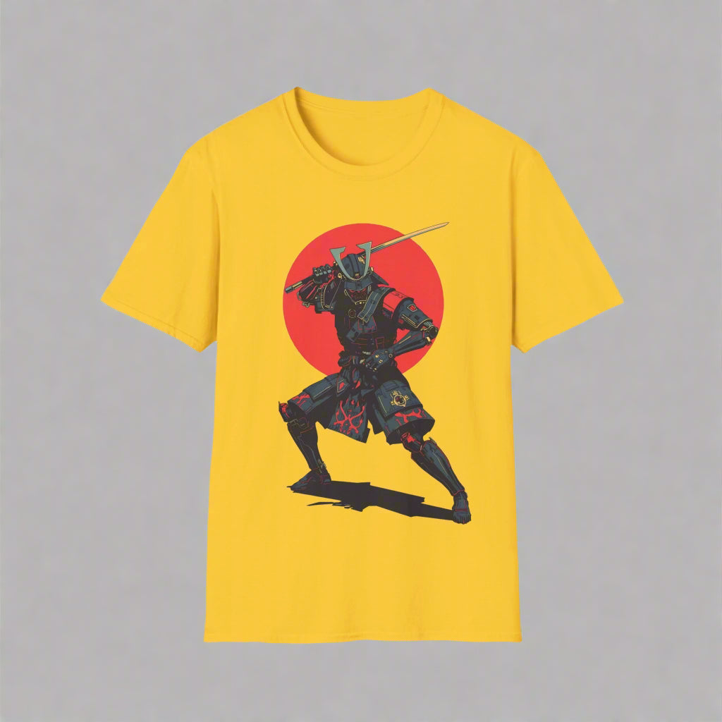 Yellow t-shirt with a black samurai design on a red circle