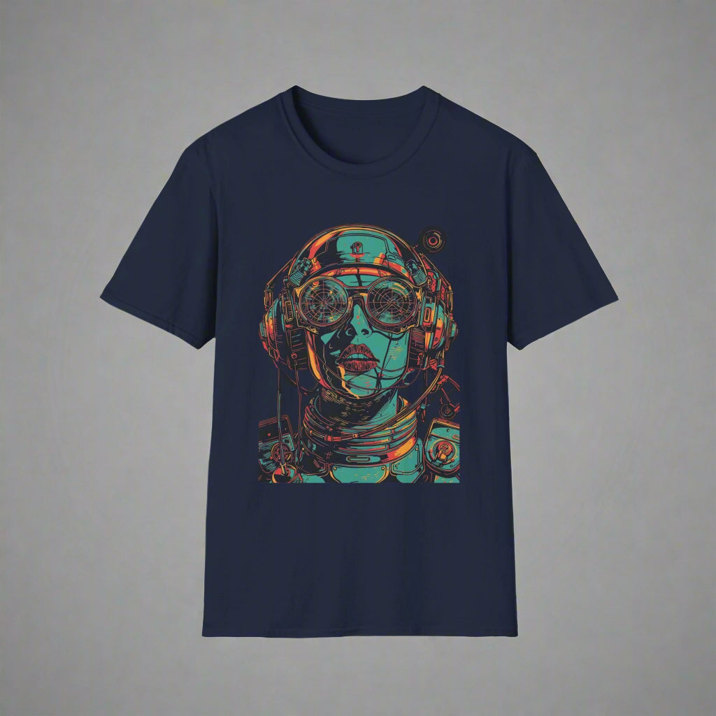 Navy blue t-shirt with a colorful astronaut graphic