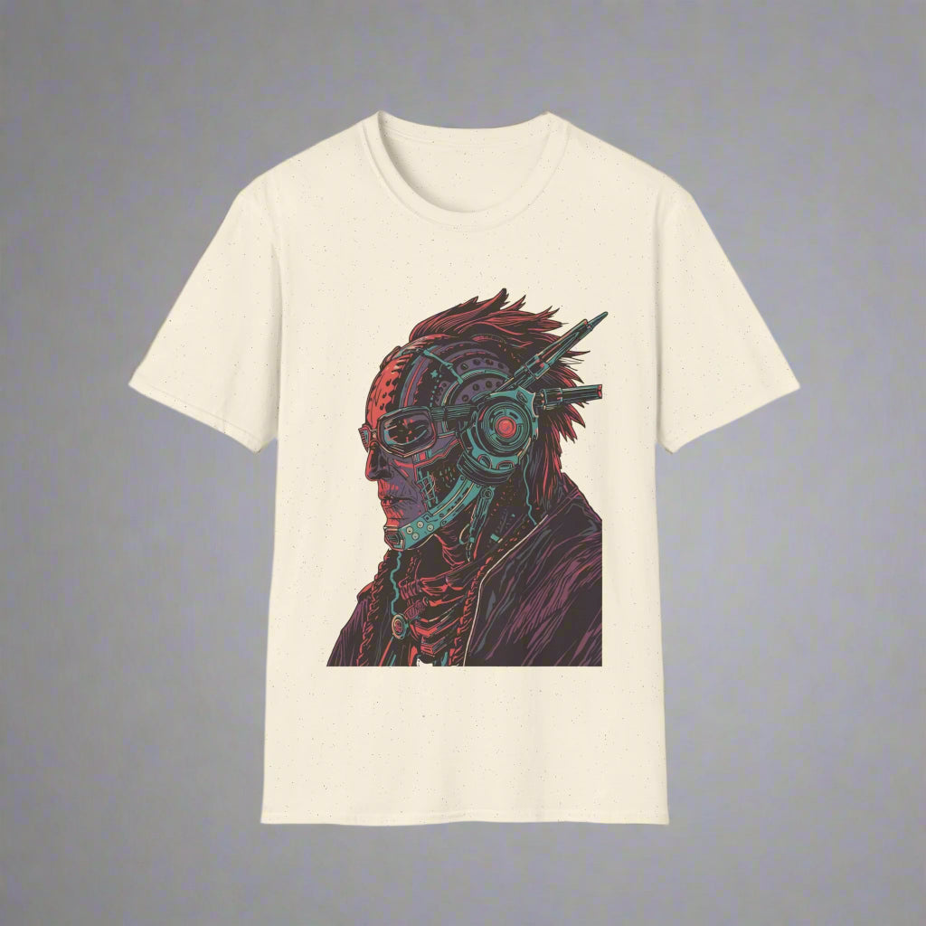 Beige t-shirt with a graphic design of a person wearing goggles