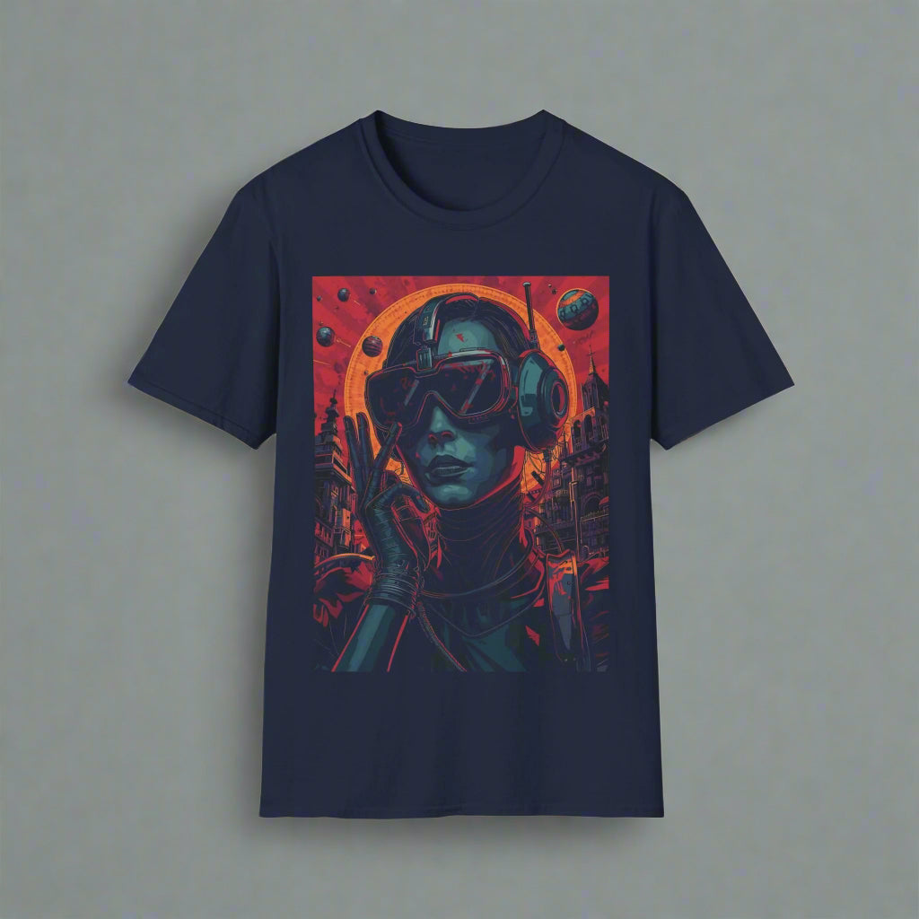 Navy blue t-shirt with a futuristic astronaut graphic
