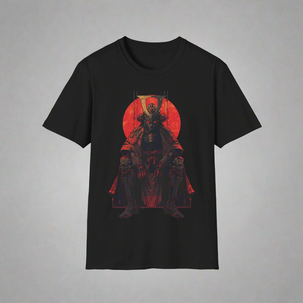 Black t-shirt with a red graphic design of a warrior