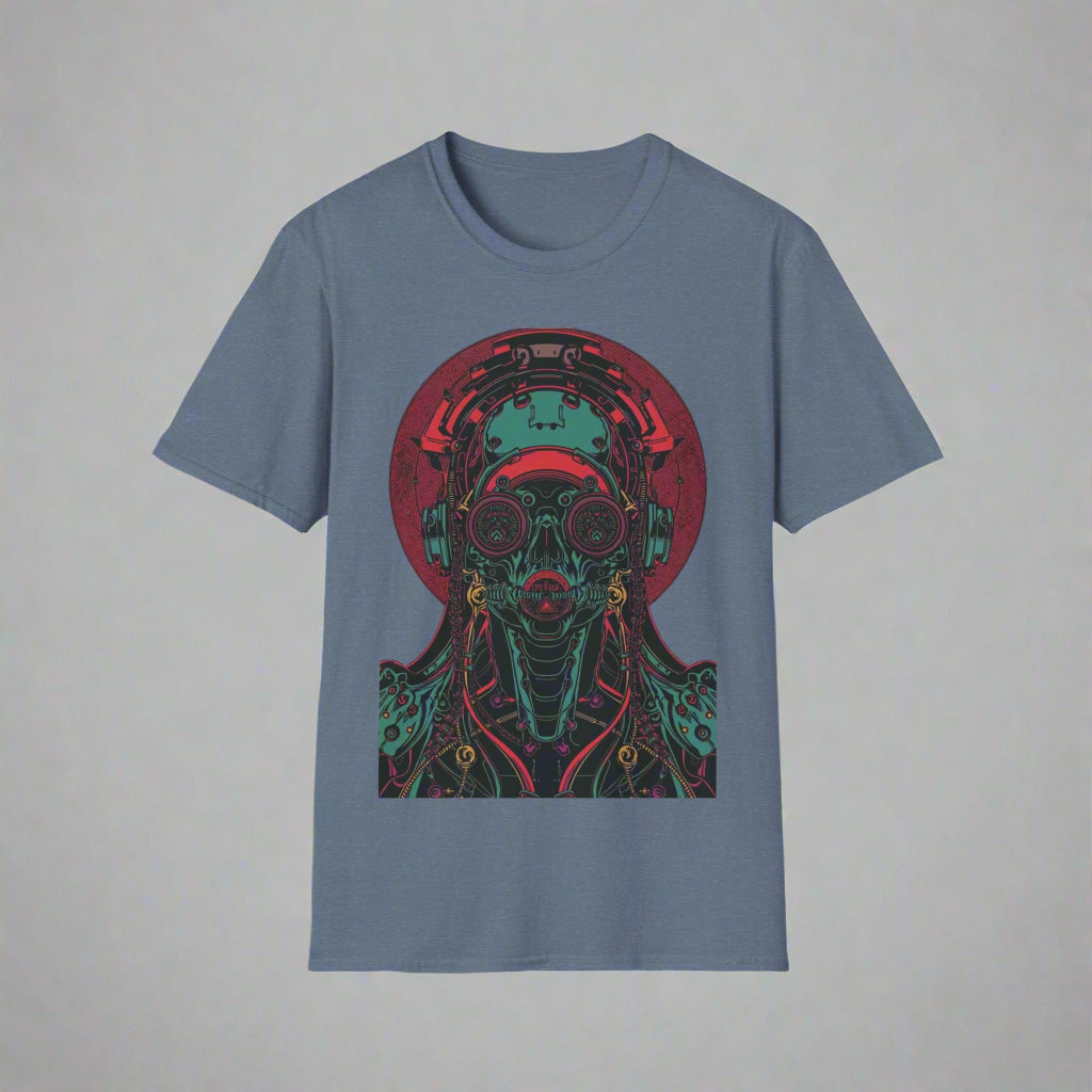 Blue t-shirt with a colorful graphic design