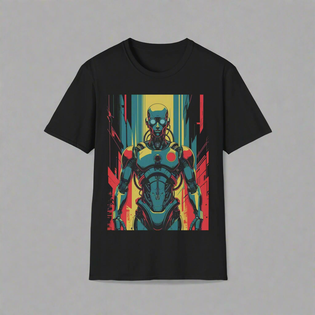 Black t-shirt with a colorful robot graphic