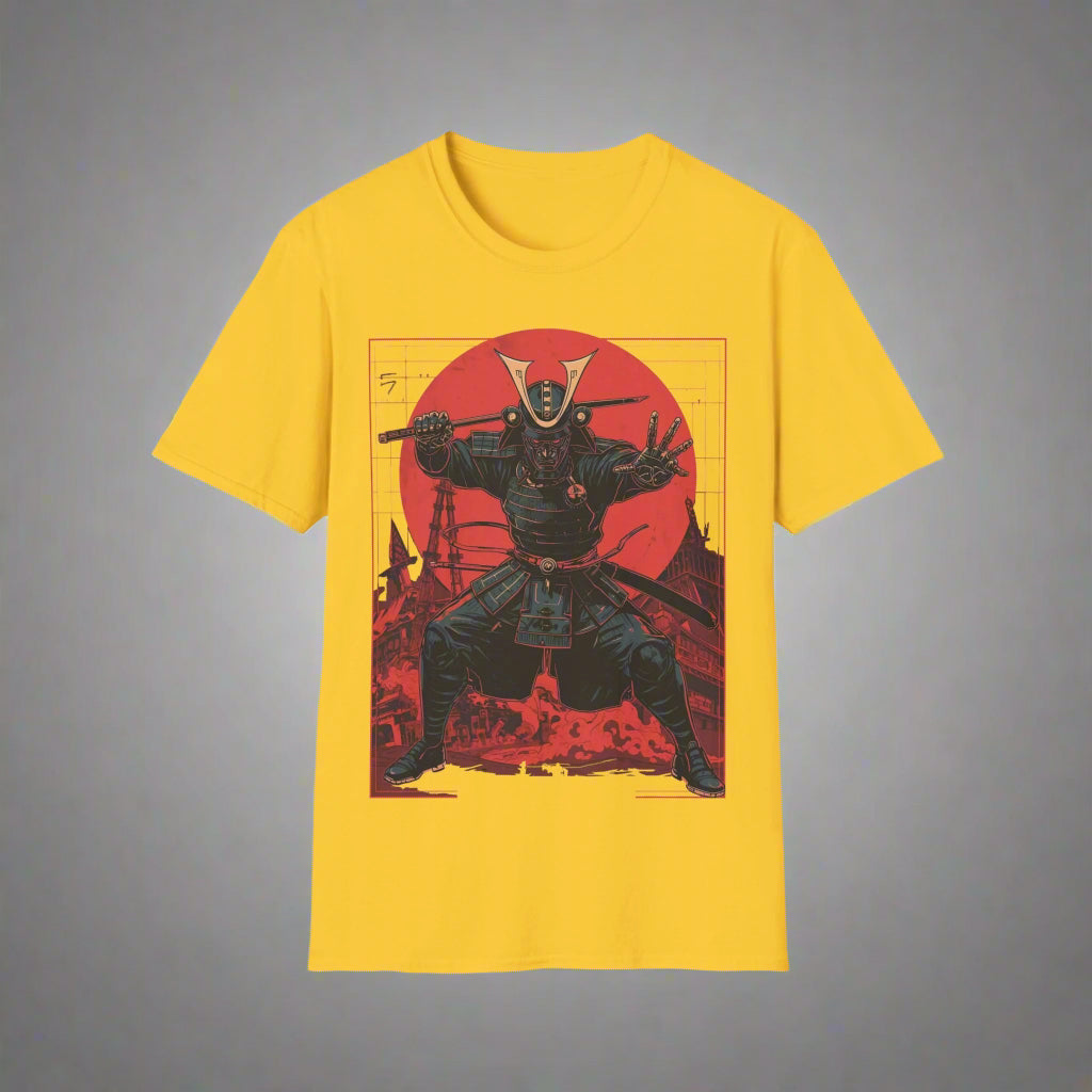 Yellow t-shirt with a black and red graphic design