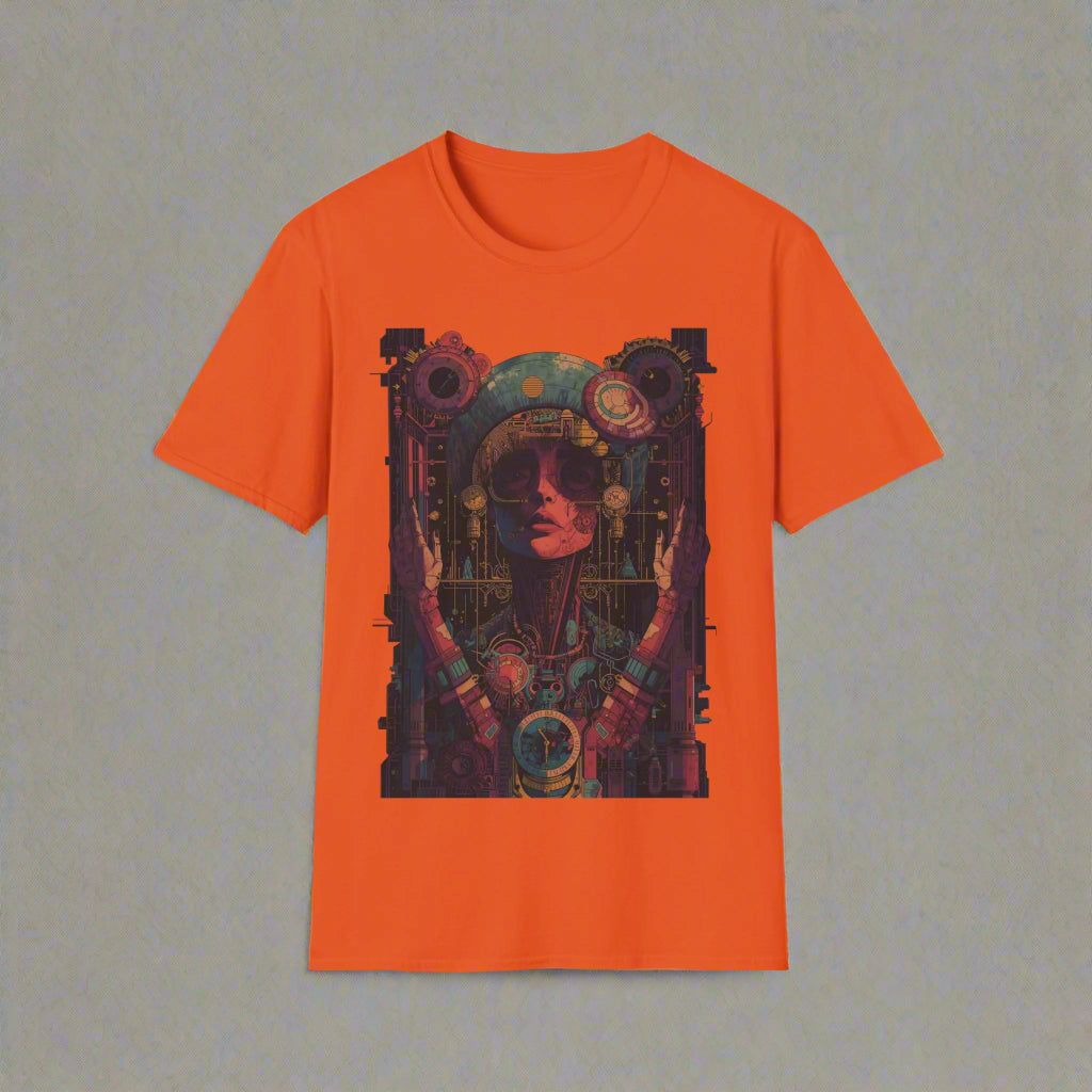 Orange t-shirt with a graphic design of a person in sunglasses and intricate patterns