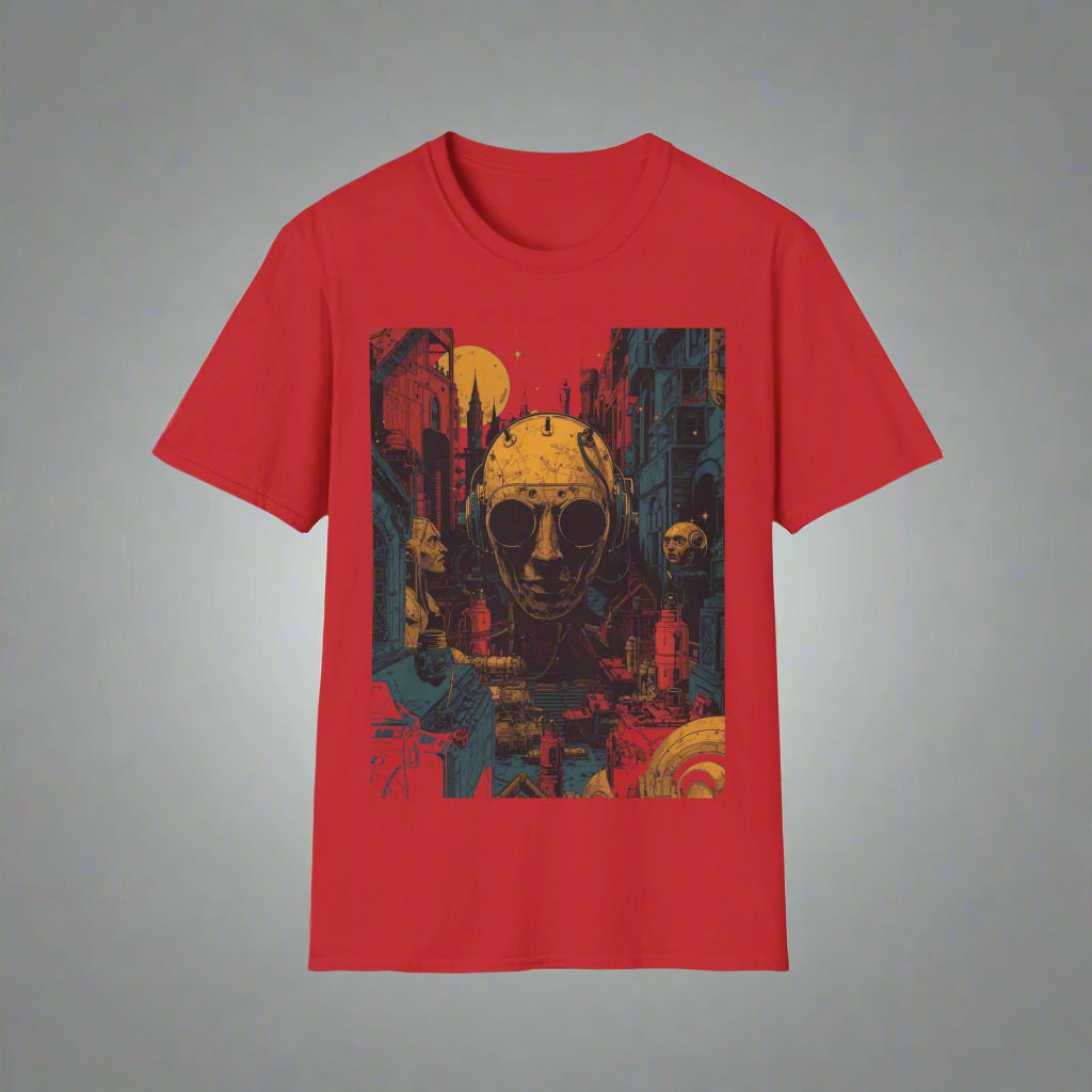 Red t-shirt with a graphic design of a face in sunglasses and cityscape