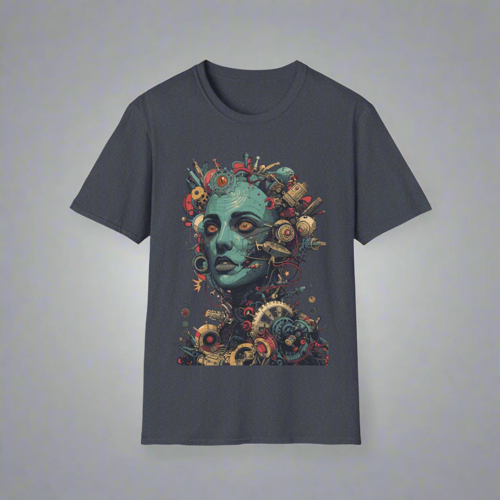 Gray t-shirt with a colorful graphic design