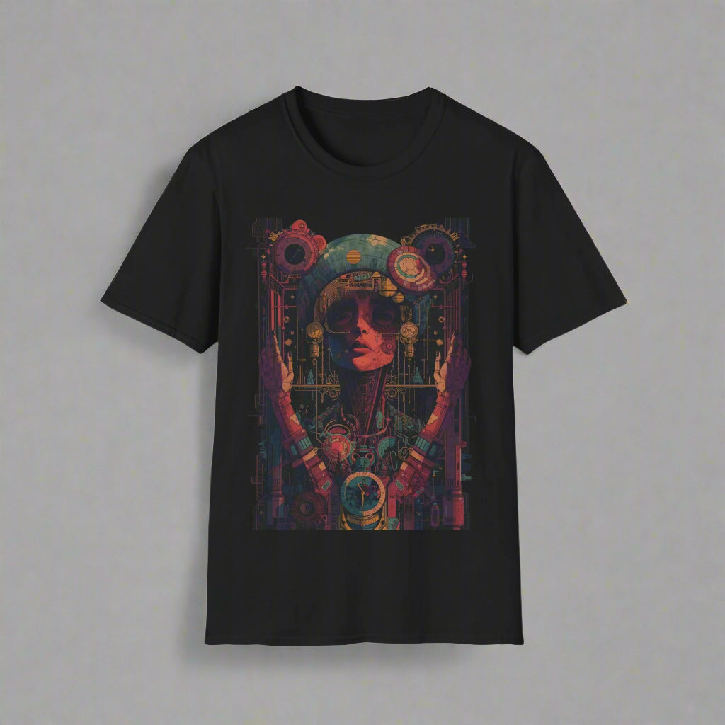Black t-shirt with a colorful graphic design