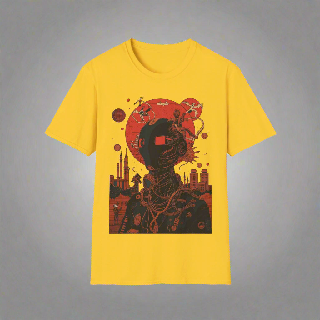 Yellow t-shirt with a black and red graphic design