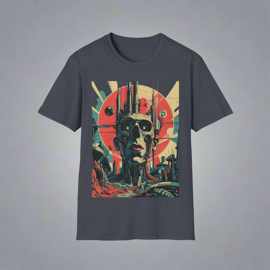 T-shirt with a robot and cityscape design