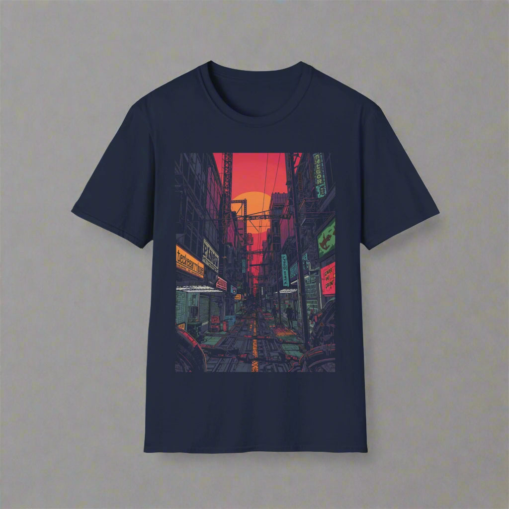 Navy blue t-shirt with a colorful cityscape graphic