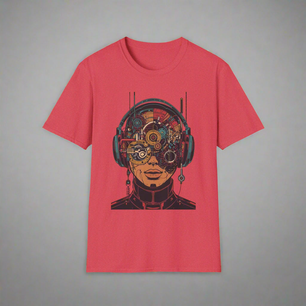 Red t-shirt with a mechanical face design
