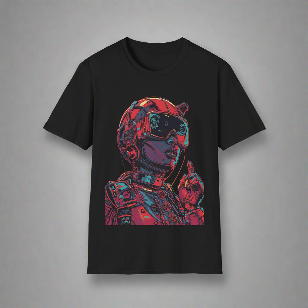 Black t-shirt with a colorful robot graphic