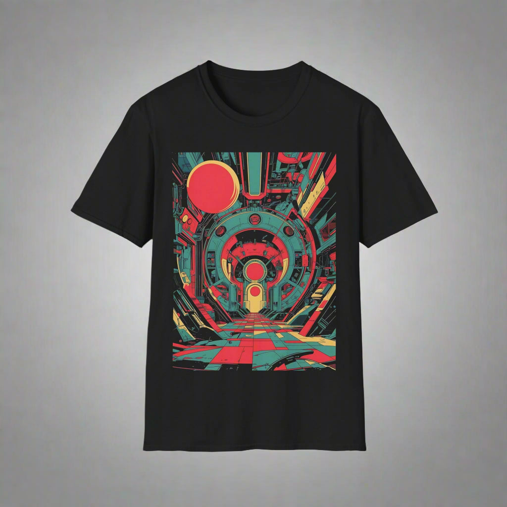 Black t-shirt with a colorful geometric design