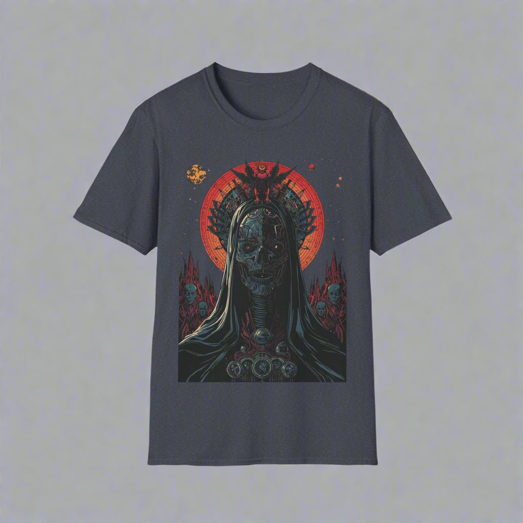 Gray t-shirt with a graphic design of a face with skull-like features and a red circle