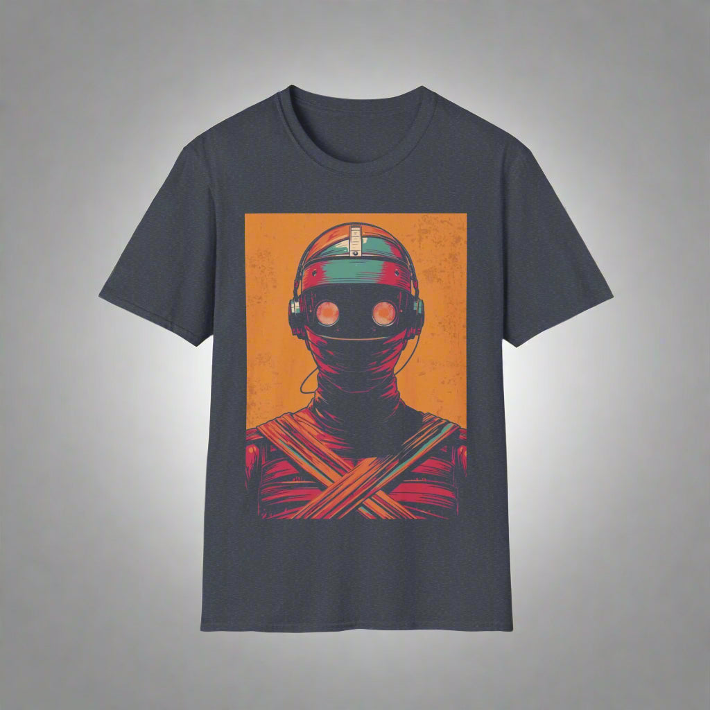 T-shirt with a robot graphic on an orange background