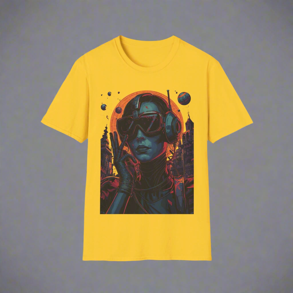 Yellow t-shirt with a graphic of a person wearing headphones and goggles