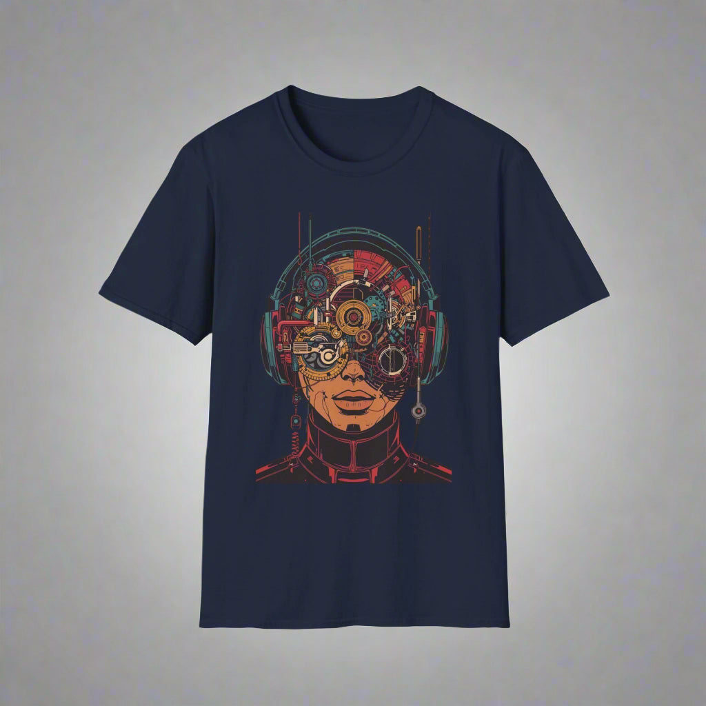 Navy blue t-shirt with a colorful mechanical head design
