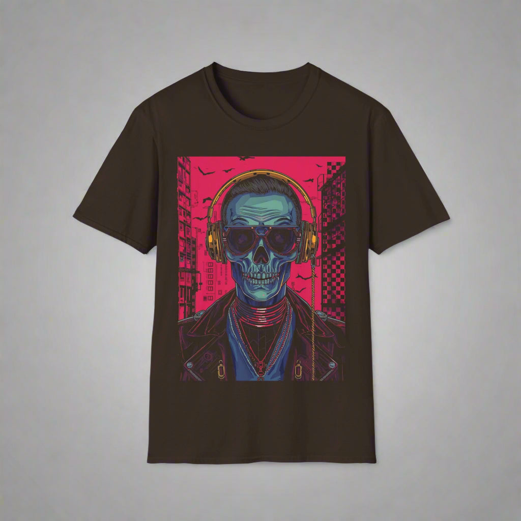 Black t-shirt with a graphic of a skull wearing headphones