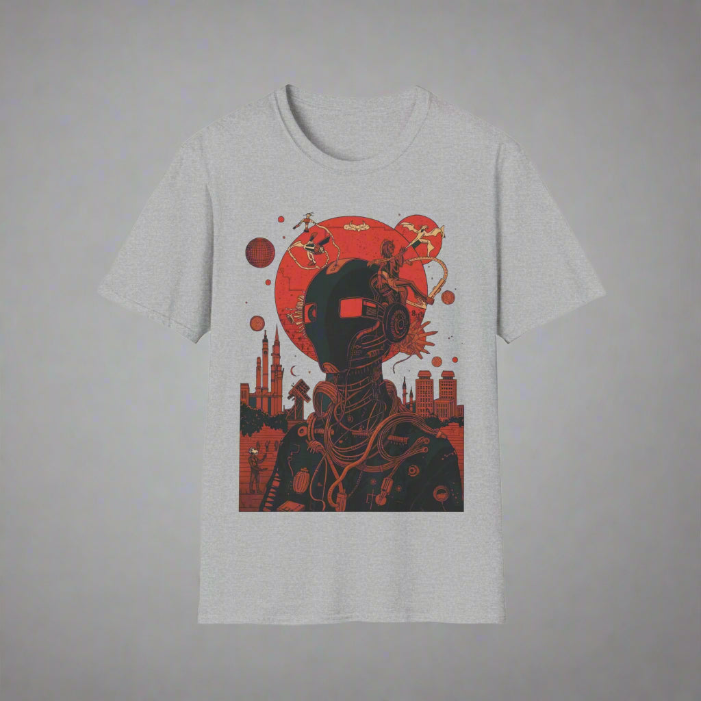 Gray t-shirt with a red and black graphic design
