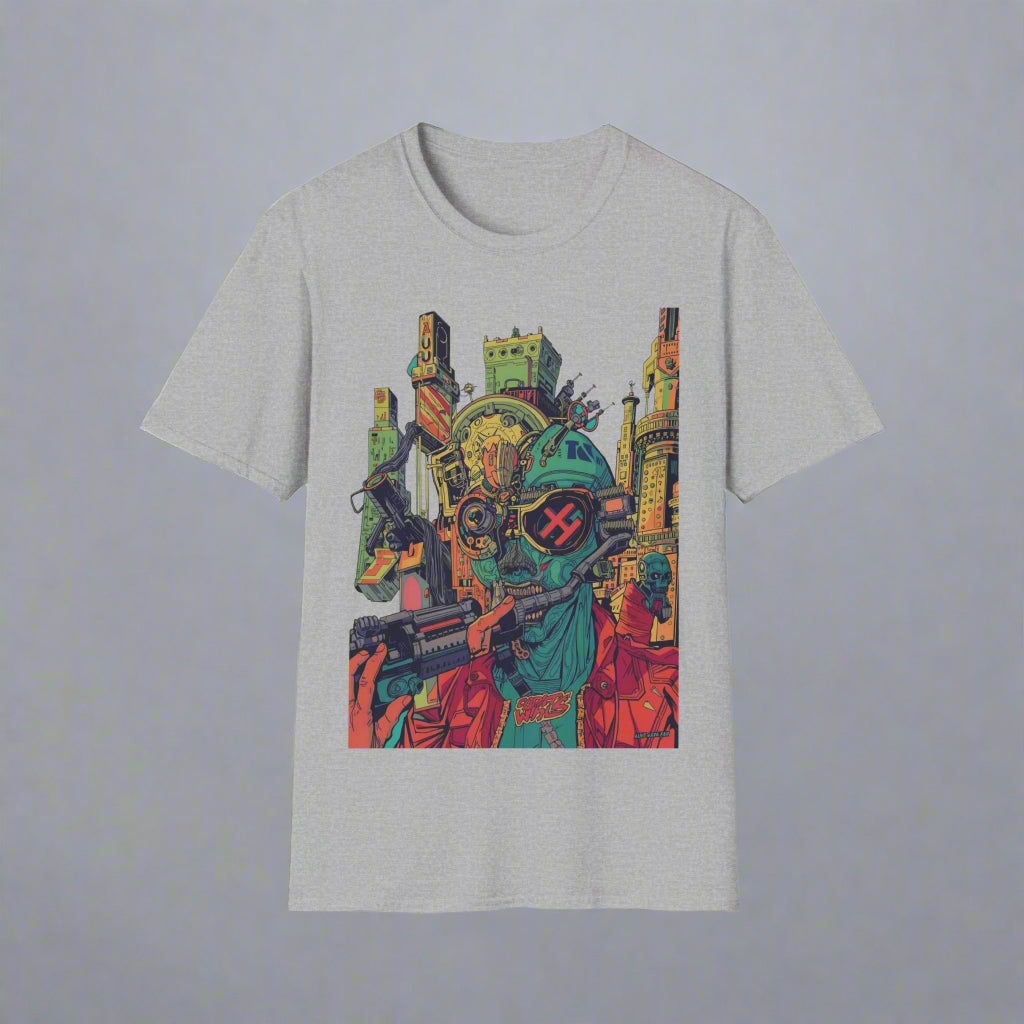 Gray t-shirt with a colorful graphic design