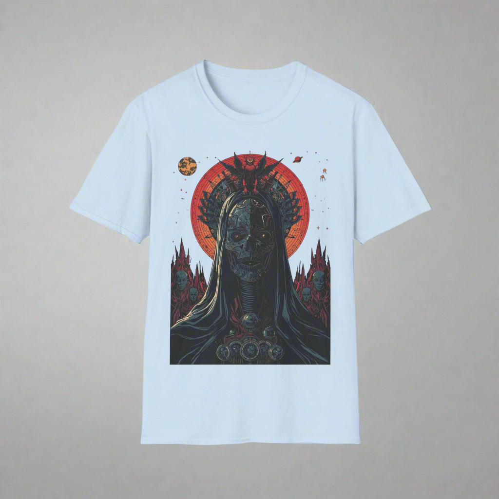 Light blue t-shirt with a graphic design of a hooded figure against a red circle