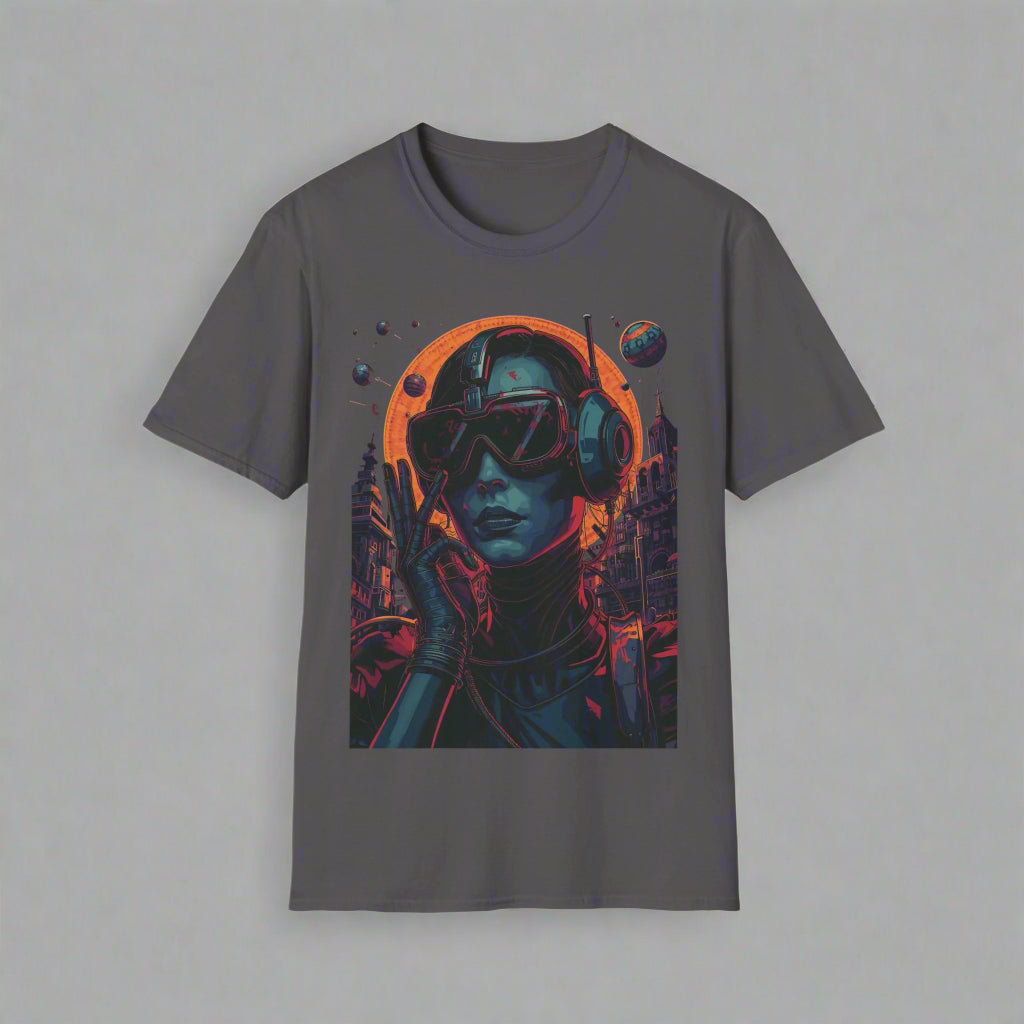 Gray t-shirt with a futuristic design of a person in a helmet and goggles