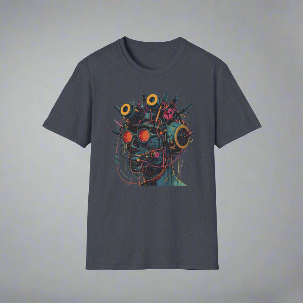 Gray t-shirt with a colorful abstract design